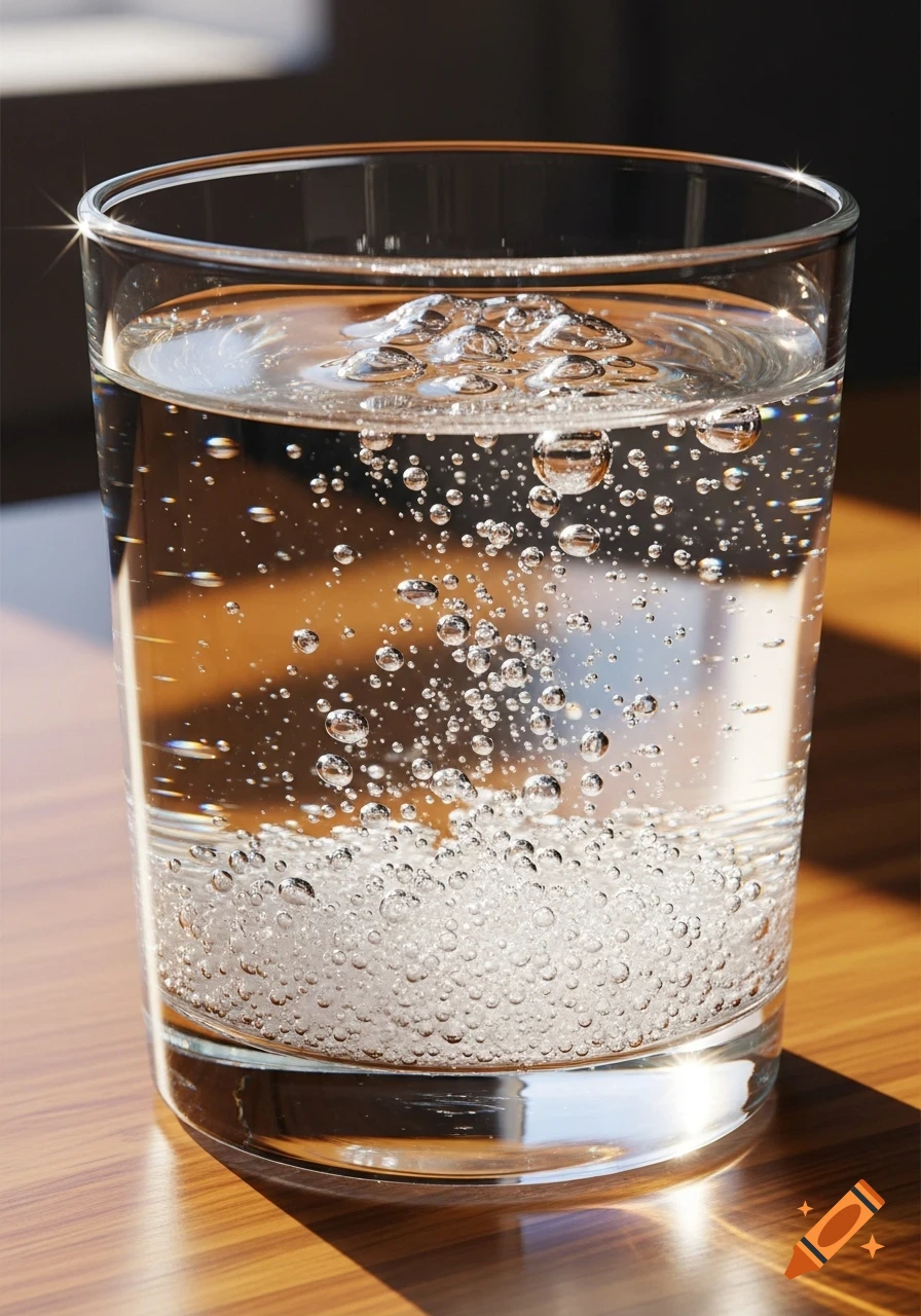 A clear glass filled with sparkling water, featuring numerous bubbles, on a sunlit wooden table.