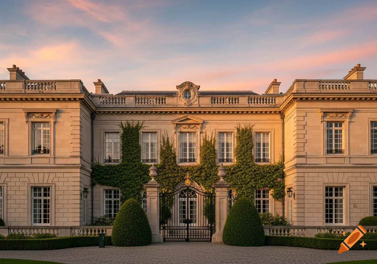 A grand, classical beige mansion with green ivy and manicured bushes under a sunset sky.
