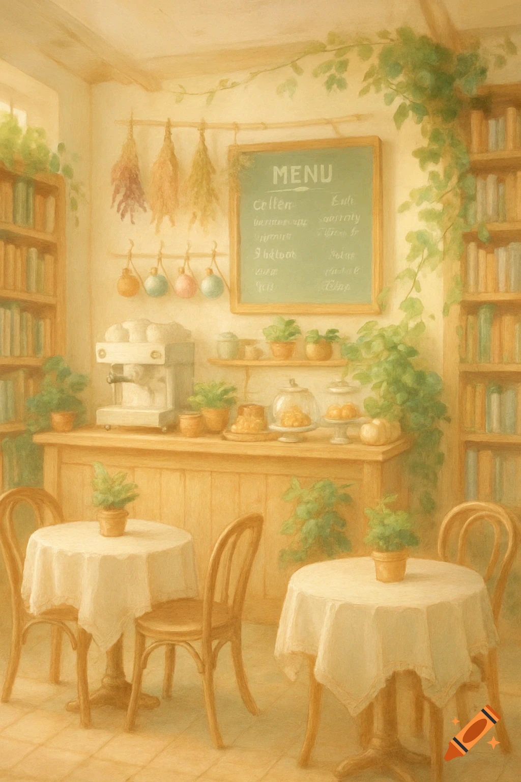 A soft pastel cottagecore cafe inside a bookstore with plants, tables, and a menu board.