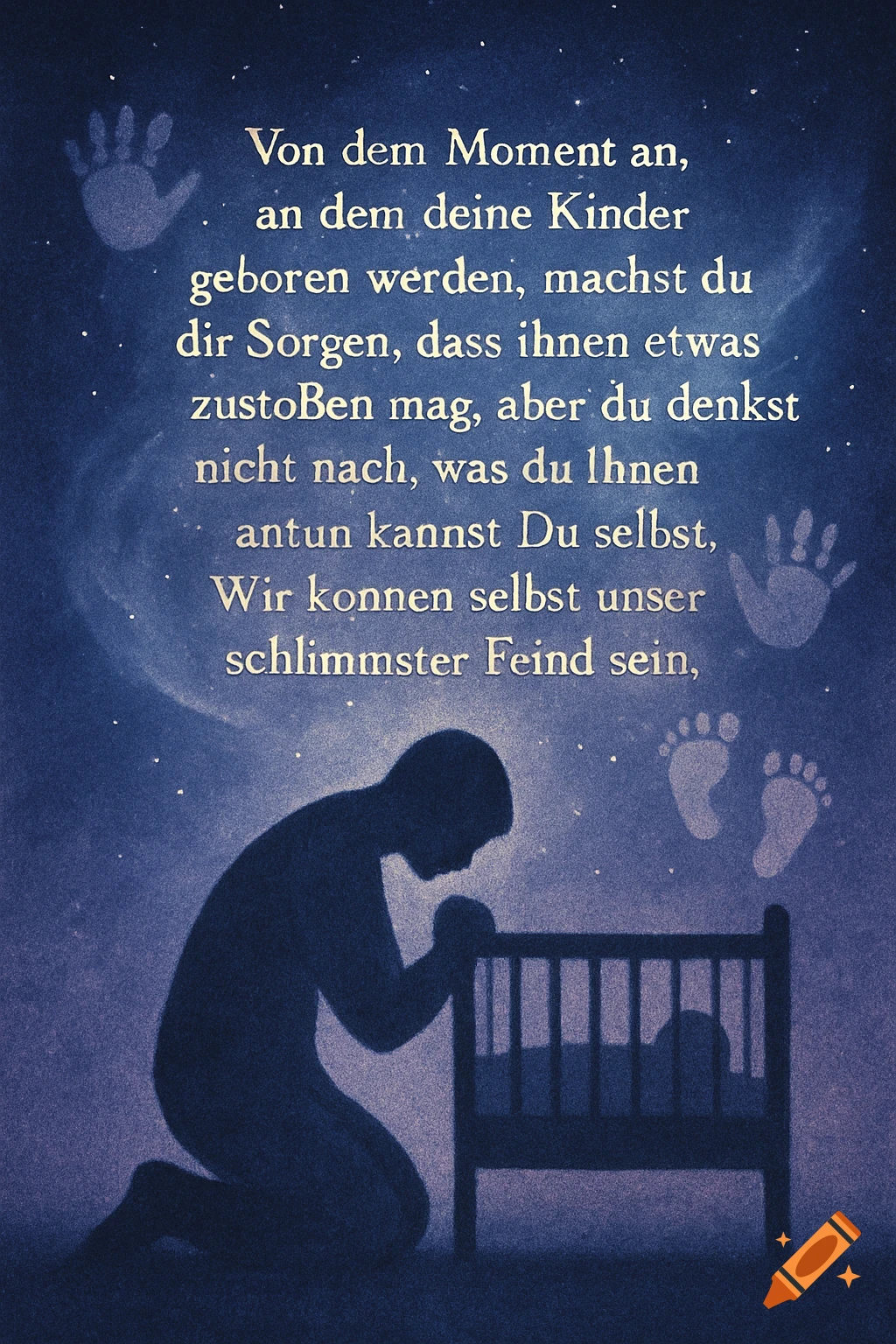 A silhouetted person kneels by a baby's crib under a starry sky, with a German quote about parental worries and self-reflection.