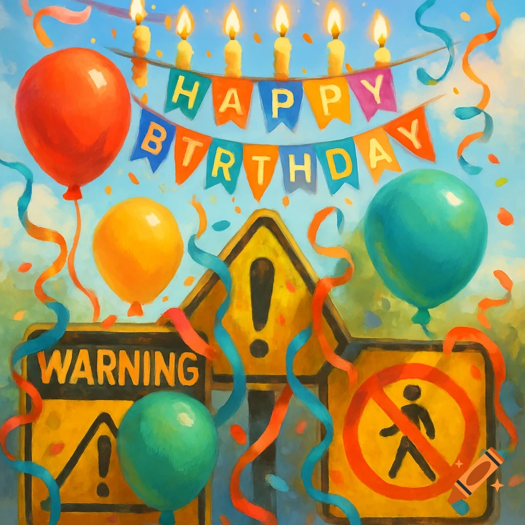 Colorful birthday balloons, candles, and a 'HAPPY BIRTHDAY' banner intertwined with yellow warning signs including one with 'WARNING' text, in a painterly style.