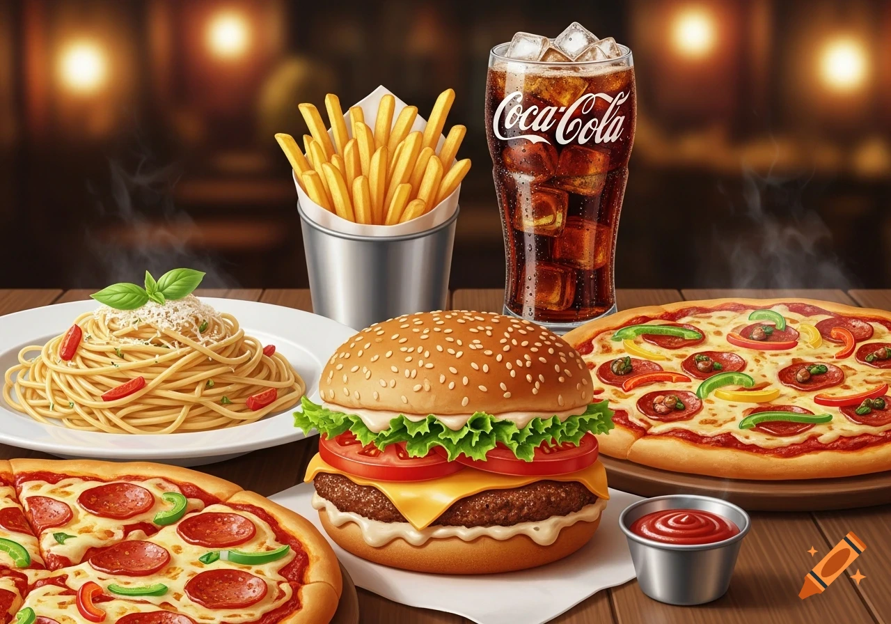 A table full of delicious fast food items including a cheeseburger, pepperoni pizza, spaghetti, french fries, and a glass of Coca-Cola.
