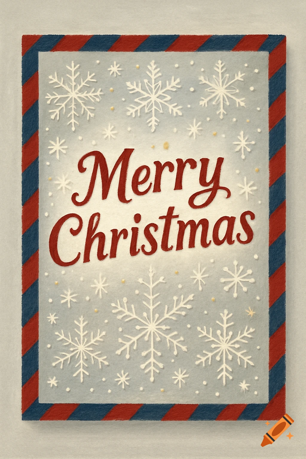 A vintage-style Christmas card featuring 'Merry Christmas' in red script, surrounded by white snowflakes on a light blue background, bordered by red and blue stripes.