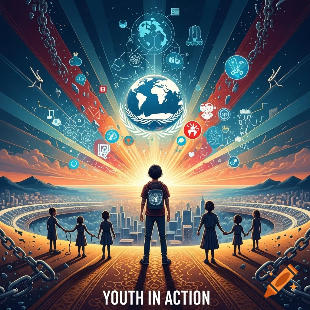 An illustration shows children, with a central figure with a backpack, looking towards a glowing globe with the UN logo. Text: "YOUTH IN ACTION".