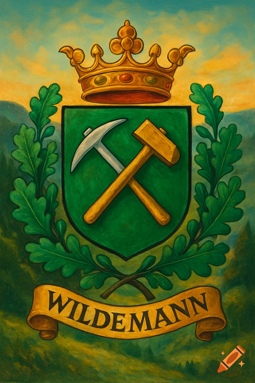 Painted coat of arms with a golden crown, a green shield with crossed pickaxe and hammer, oak leaves, and 'WILDEMANN' on a banner.