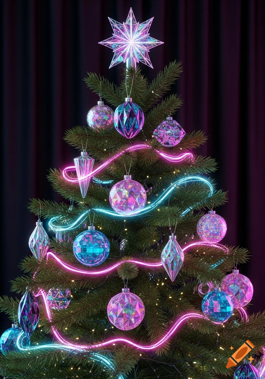 A vibrant Christmas tree adorned with geometric, faceted ornaments and glowing neon pink and blue lights in a synthwave style.