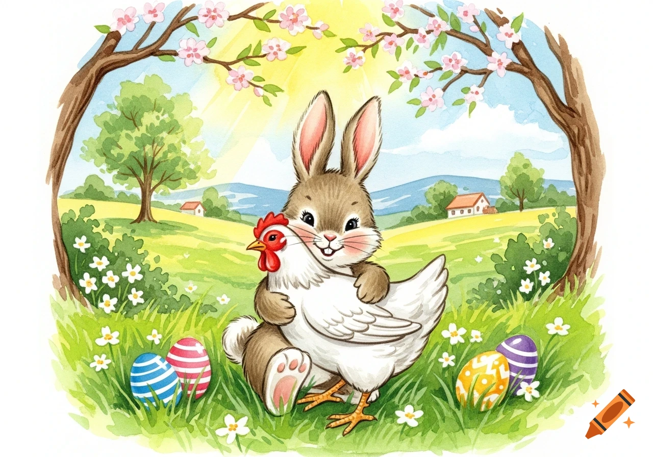 Watercolor illustration of a cute Easter bunny hugging a chicken in a sunny meadow with colorful eggs, flowers, and cherry blossoms.