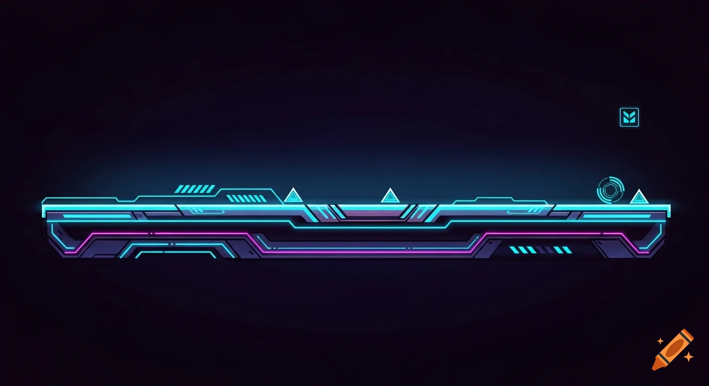 An ultra-wide 2D neon futuristic platform tile with bright blue and purple glowing accents and geometric shapes on a dark background.