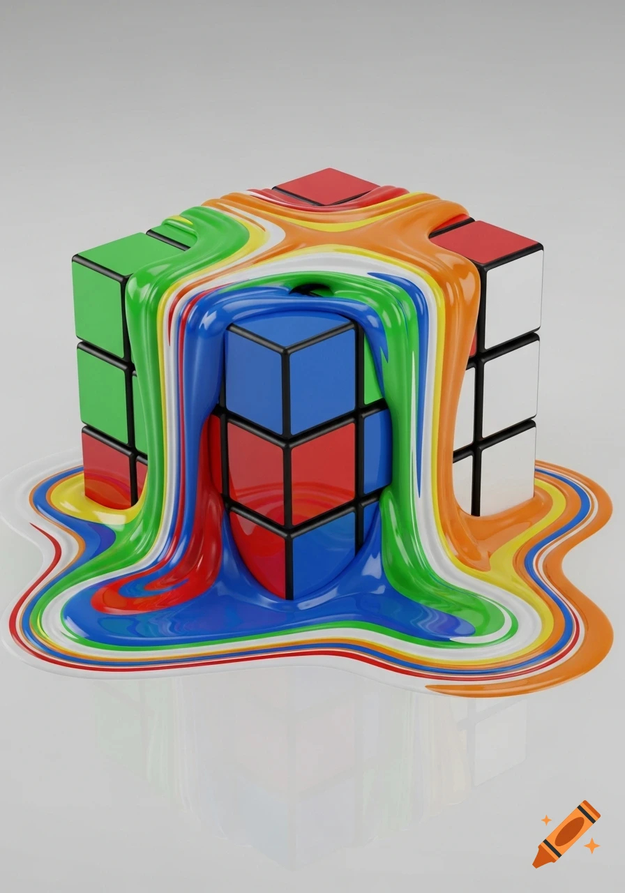 A realistic, melting scrambled Rubik's cube with colorful liquid oozing down its sides onto a white surface.