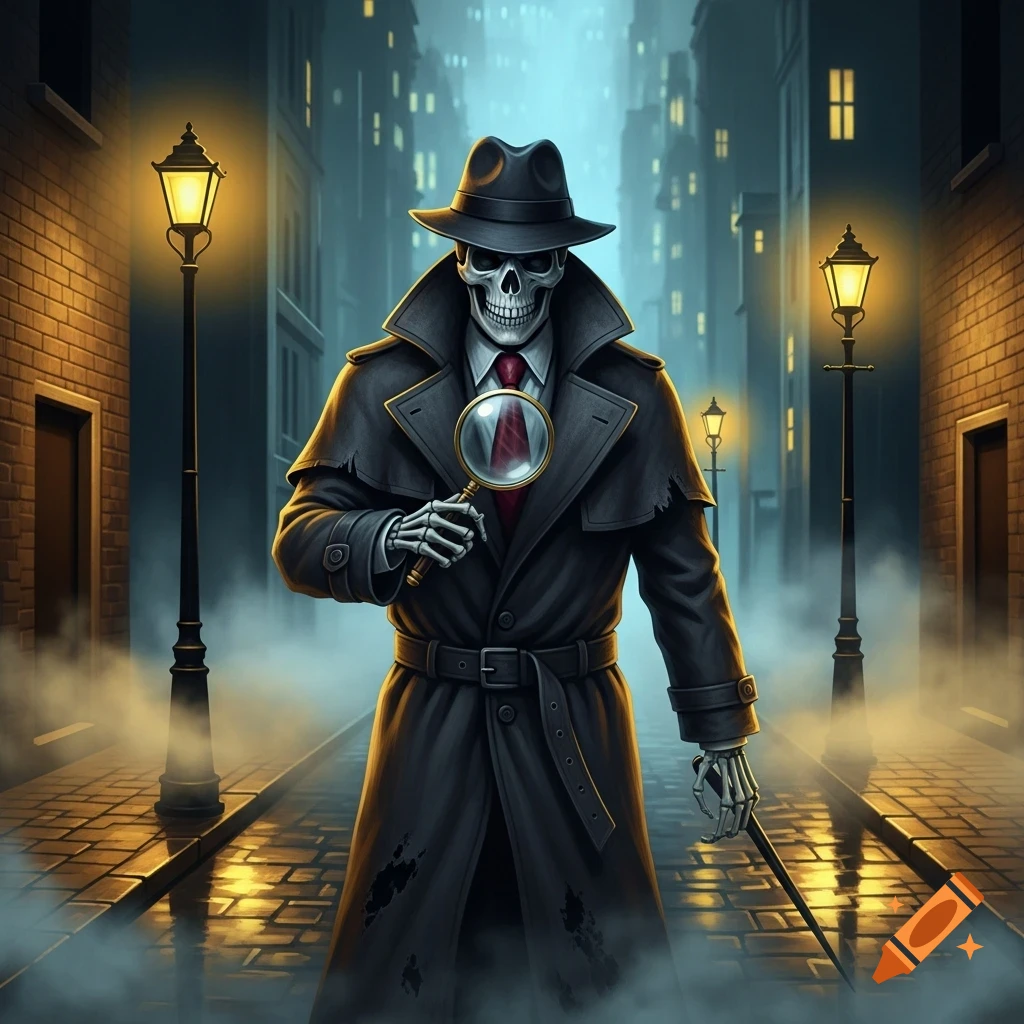 A stylized skeleton detective in a trench coat and fedora, holding a magnifying glass, stands on a foggy city street.