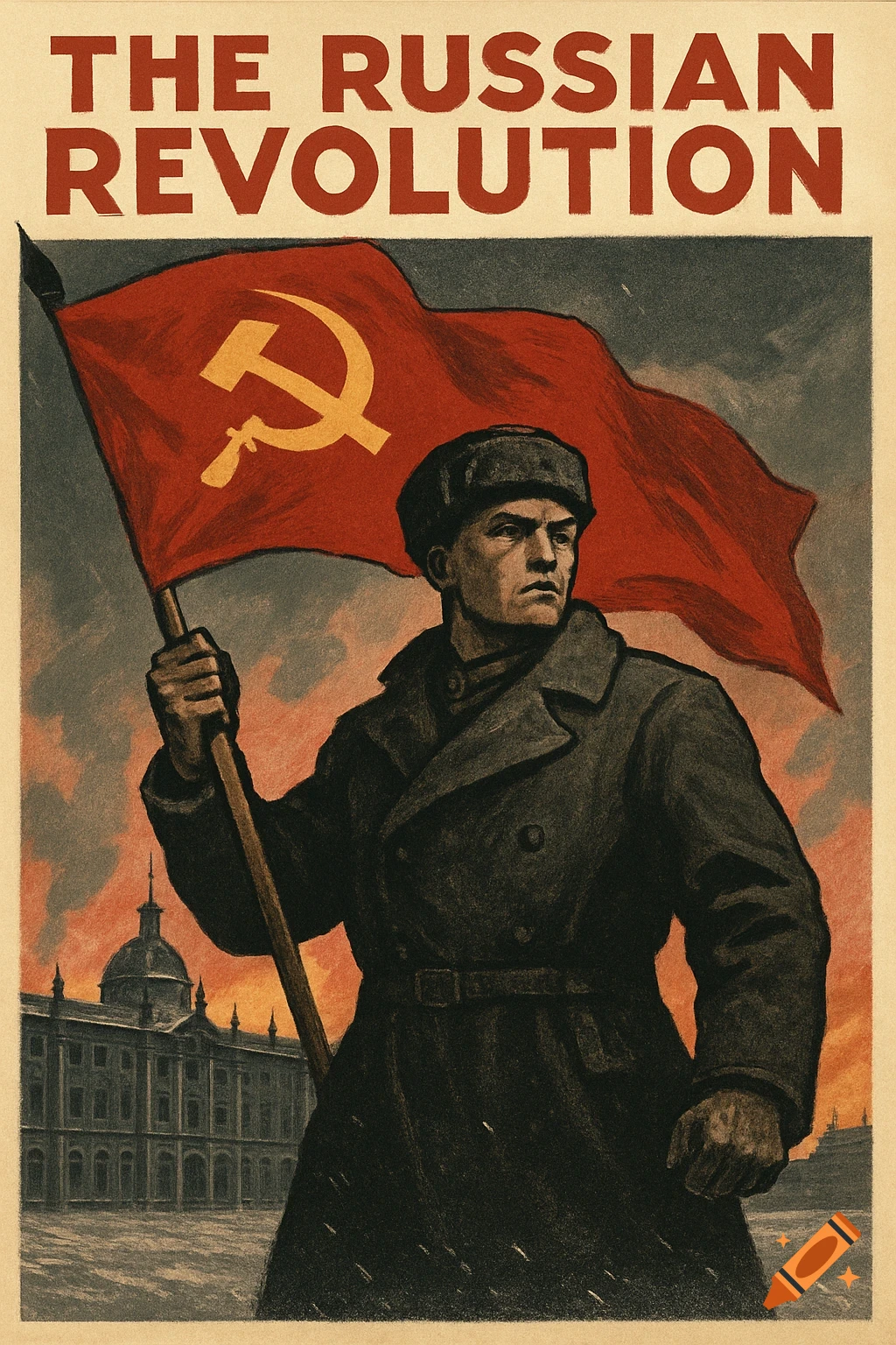 Vintage propaganda poster of a stoic man holding a red flag with the hammer and sickle, with the text 'THE RUSSIAN REVOLUTION' above.