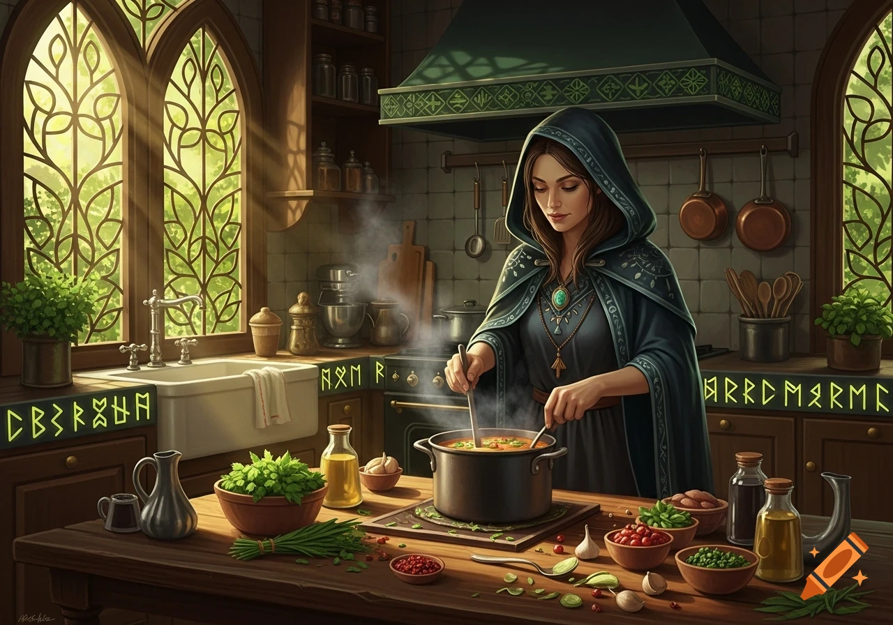 A hooded woman, resembling a witch, cooks in a rustic fantasy kitchen, stirring a pot surrounded by fresh ingredients.