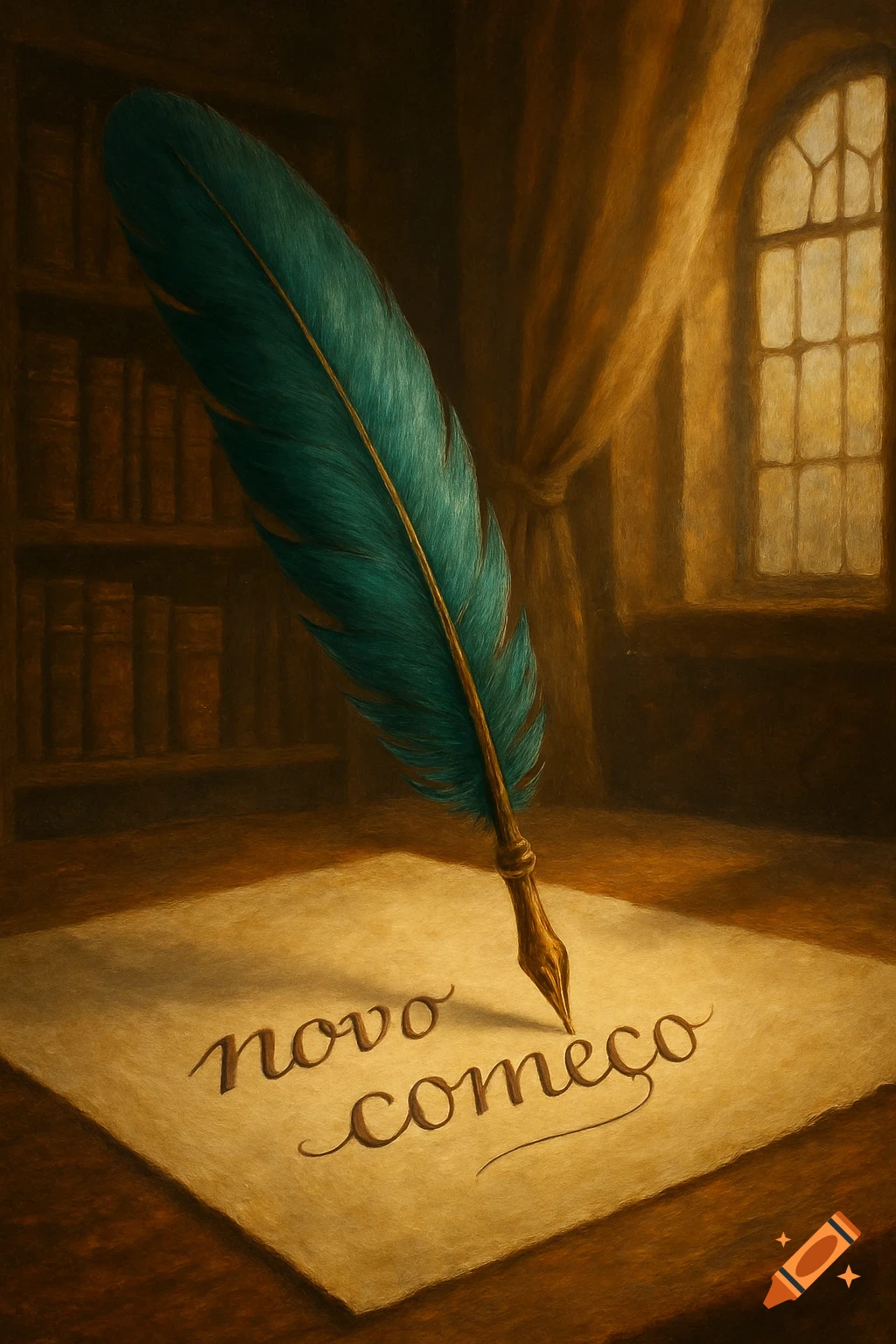A teal quill pen writes "novo começo" on a piece of parchment in a warm, dimly lit study with bookshelves and a window.