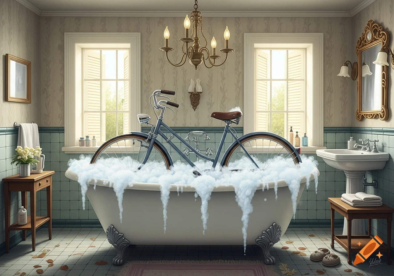 A detailed, realistic image of a blue bicycle soaking in a bubble bath in a vintage-style bathroom with patterned wallpaper and large windows.