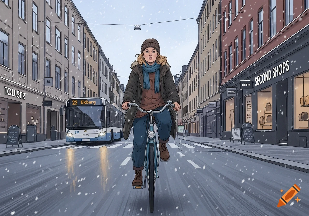 A woman with a beanie and scarf rides a bicycle down a snowy city street, past buildings with shops and a bus.
