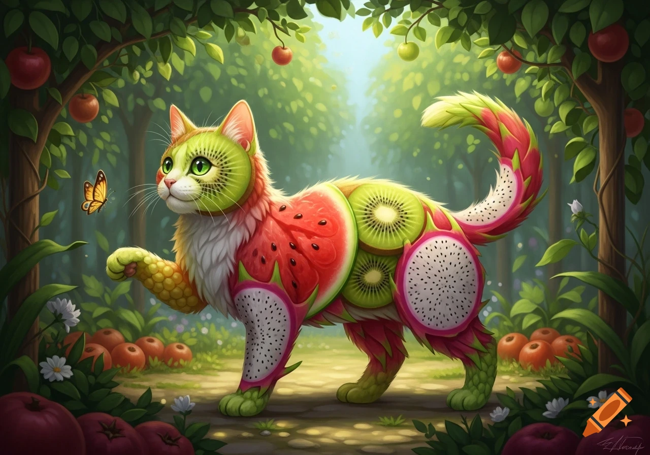 Whimsical cat made of kiwi, watermelon, and dragon fruit in a lush forest, looking at a butterfly, digital art.