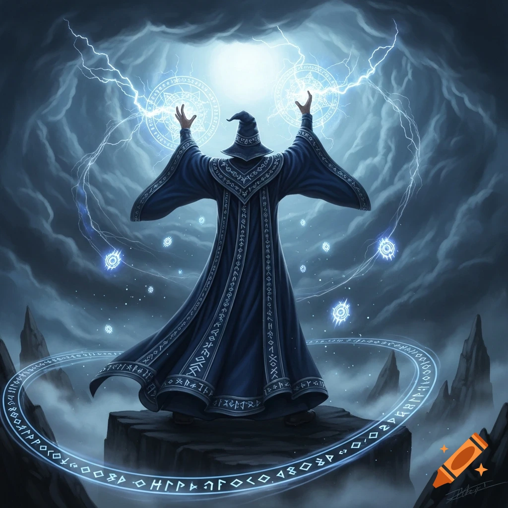 A dark wizard in a blue robe stands with arms raised, casting lightning spells amidst glowing runes and a stormy sky.