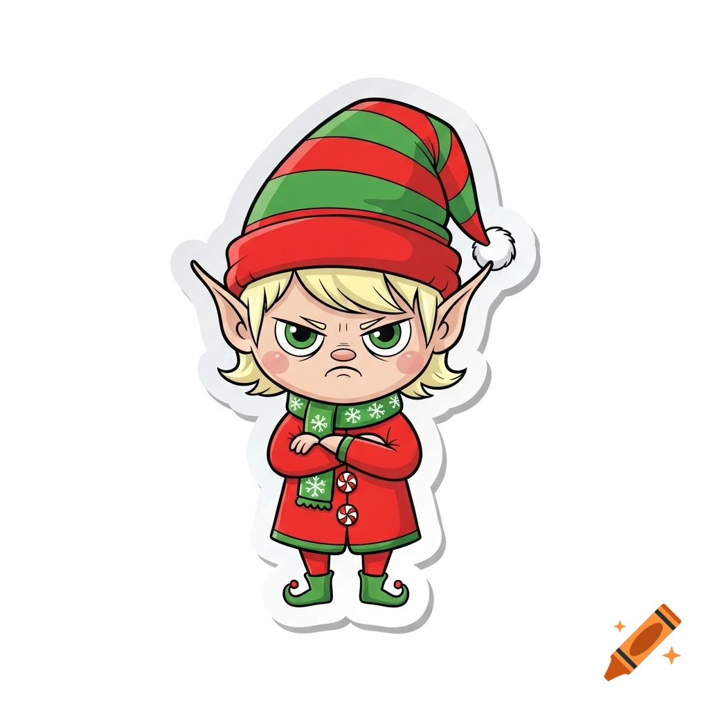 A cartoon sticker of a grumpy blonde Christmas elf in a red and green striped hat, red coat, and green boots, with arms crossed.