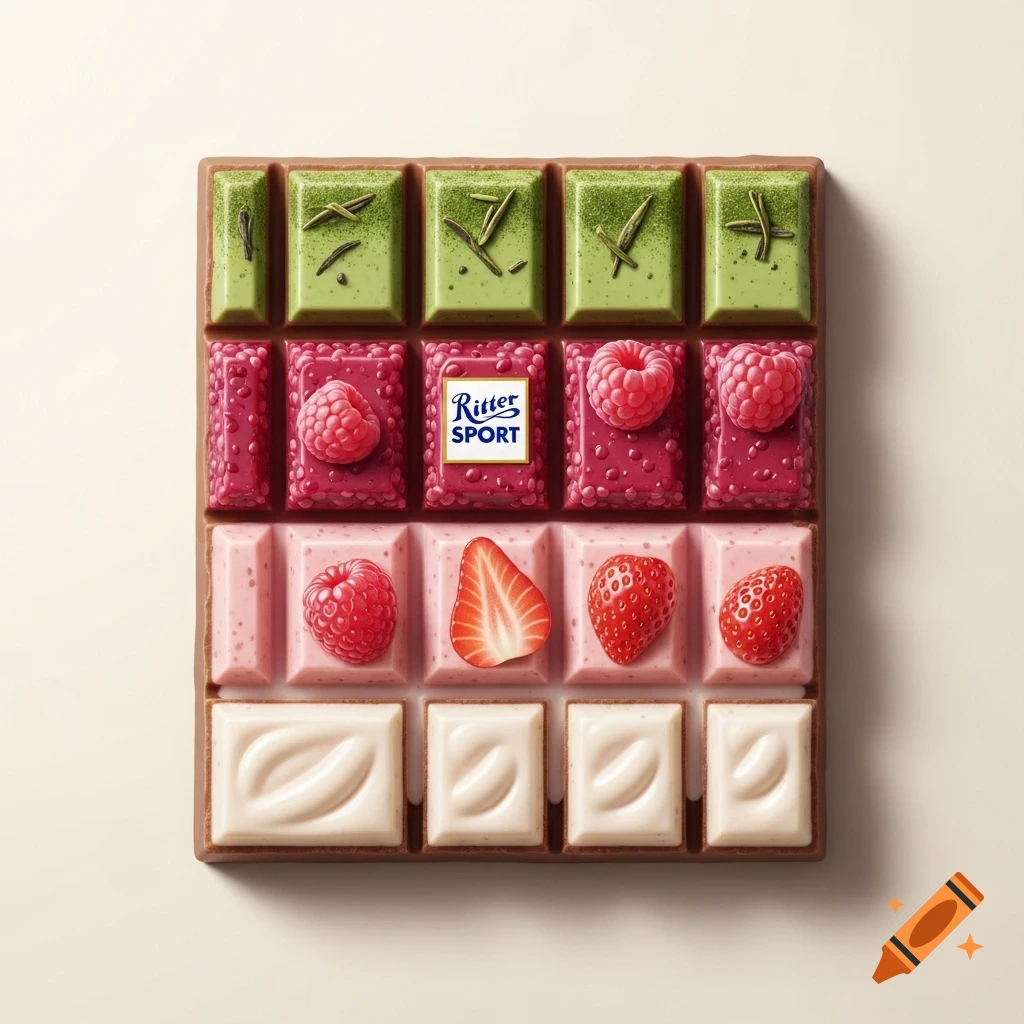 A square chocolate bar with four rows of distinct flavors: green matcha, pink raspberry with whole raspberries, light pink strawberry with sliced and whole strawberries, and white yogurt. The Ritter Sport logo is on a raspberry square.
