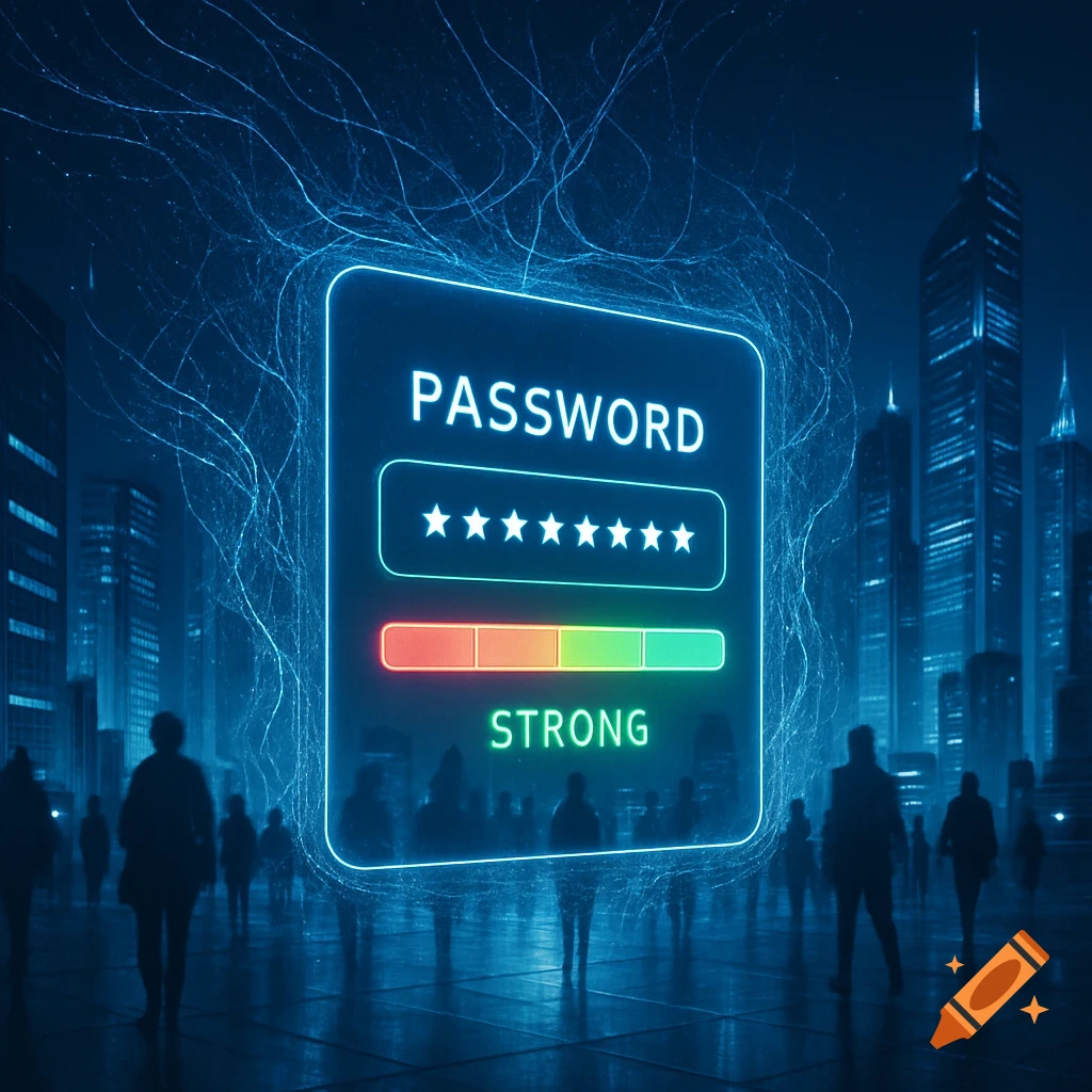 A glowing digital password interface showing 'PASSWORD' and 'STRONG' with a strength bar, set against a futuristic city skyline with silhouetted figures.