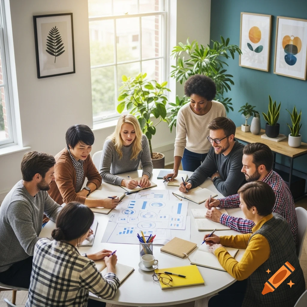 A diverse group of eight professionals brainstorming around a round table in a bright, warm office setting.