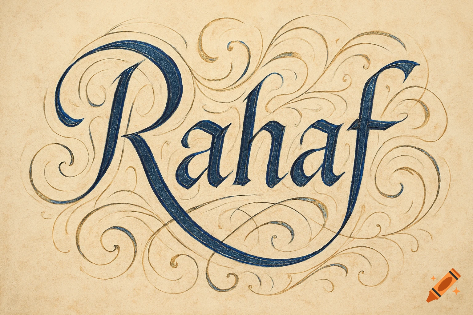 Calligraphic text 'Rahaf' in blue on a textured light brown background with gold swirling embellishments.