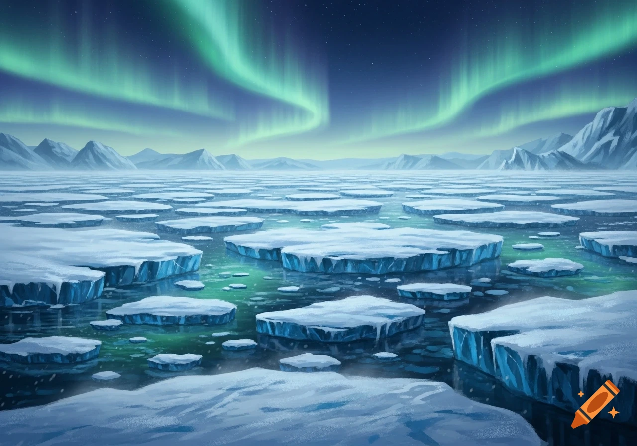 Vibrant green aurora borealis over an arctic landscape with scattered ice floes on glowing blue-green water and distant mountains.
