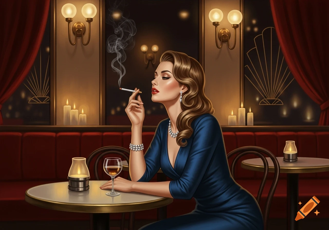 A vintage-style illustration of a woman in a blue dress, smoking a cigarette and drinking wine in a dimly lit bar.