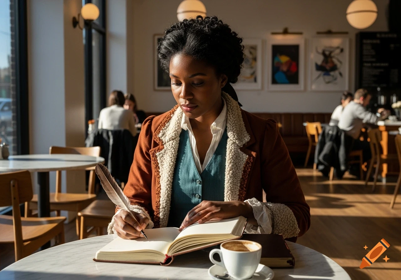 A Black woman in period attire writes with a quill pen in a sunlit modern cafe.