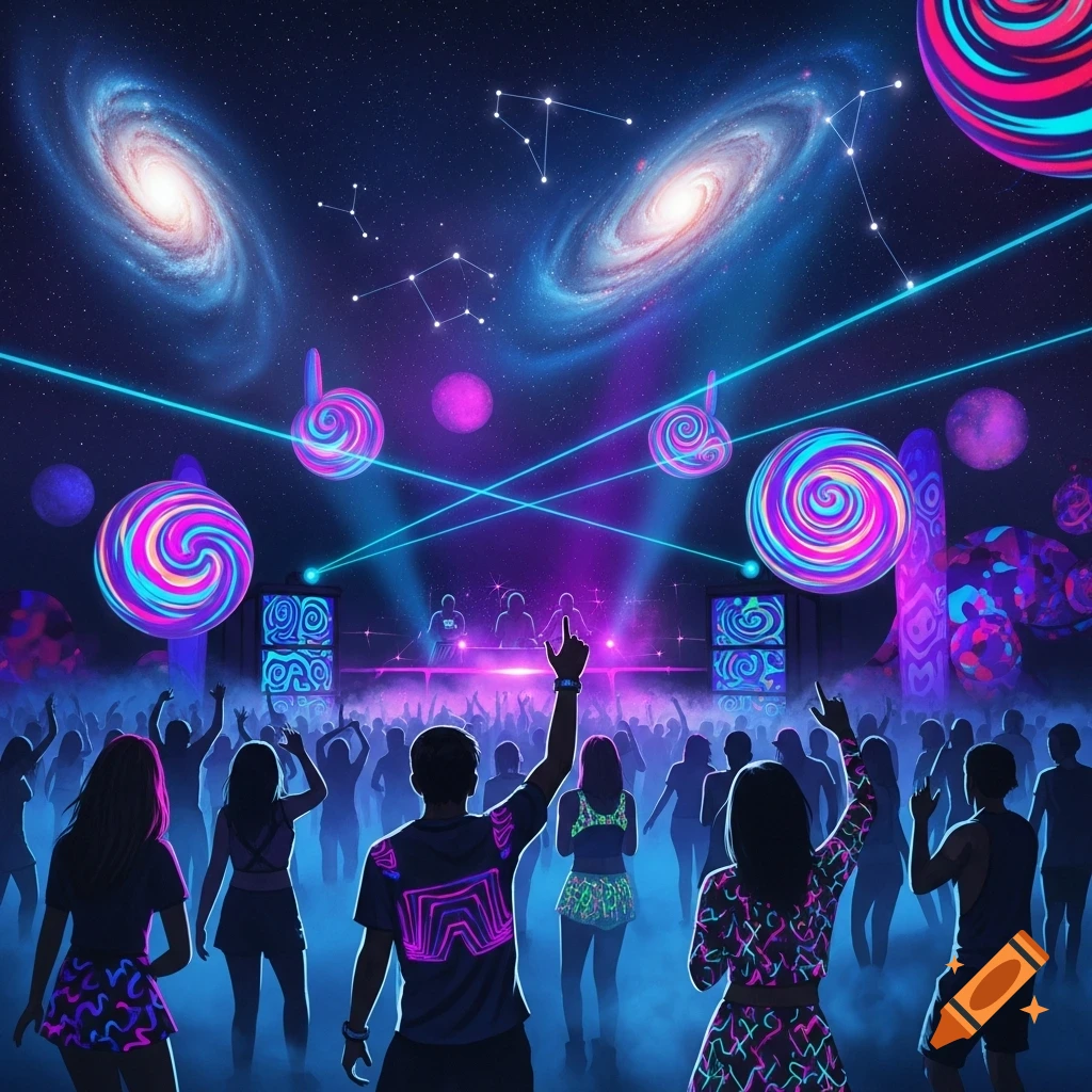 People dancing at a cosmic rave under a starry sky with galaxies, neon lights, and glowing lollipops.