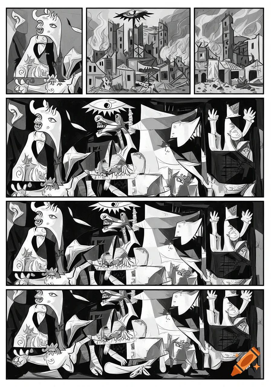 A black and white cubist comic strip depicting the bombing of Guernica, with distorted figures, a bull, a screaming horse, and burning buildings.