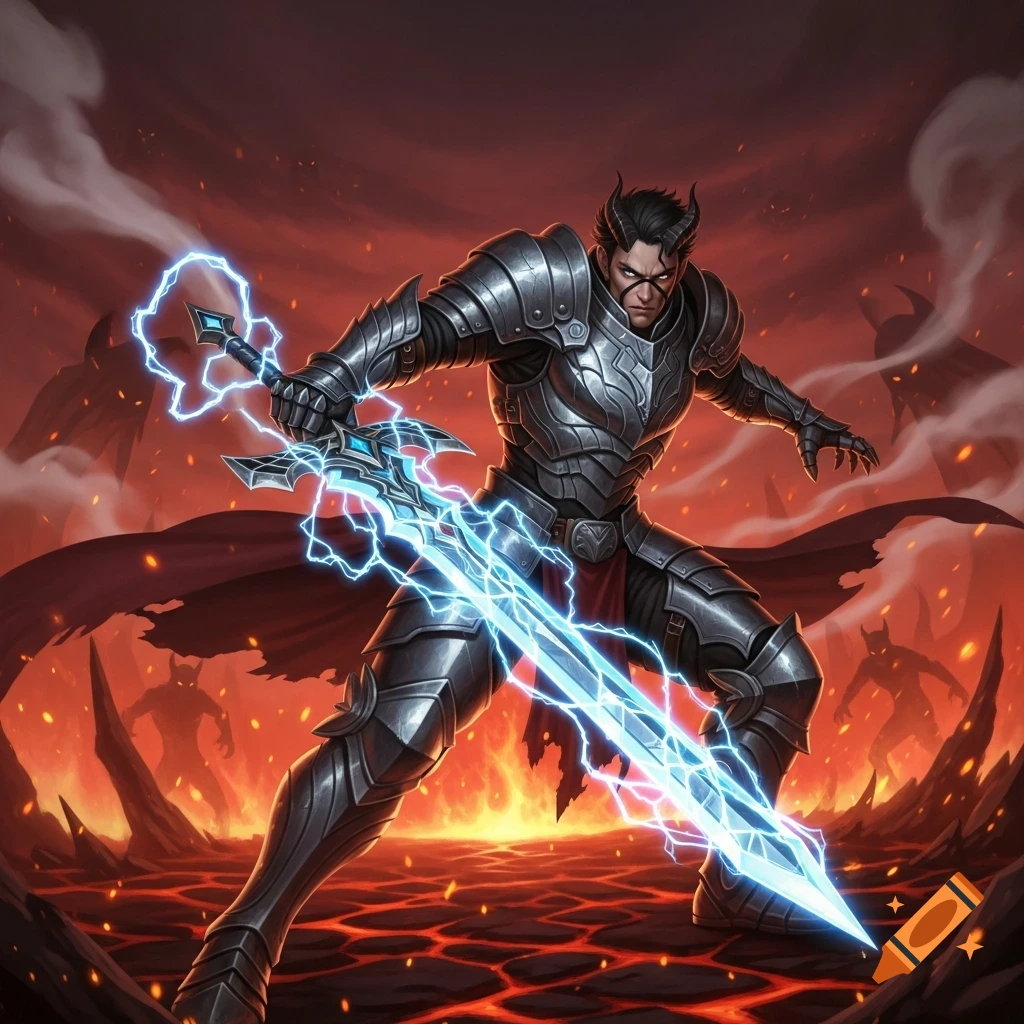 An armored horned warrior with glowing lightning sword stands ready in a fiery, hellish landscape with shadowy demons.