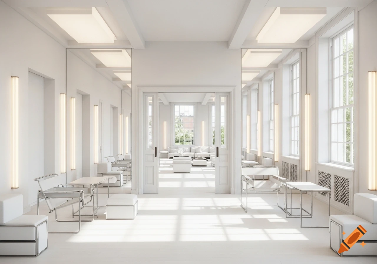 A bright, minimalist white room with Bauhaus-style furniture, leading through double doors to a sunlit living space with tall windows.