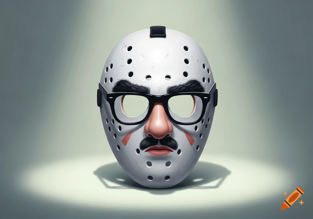 A white hockey mask with a black Groucho Marx nose, mustache, and glasses attached, illuminated by a spotlight.