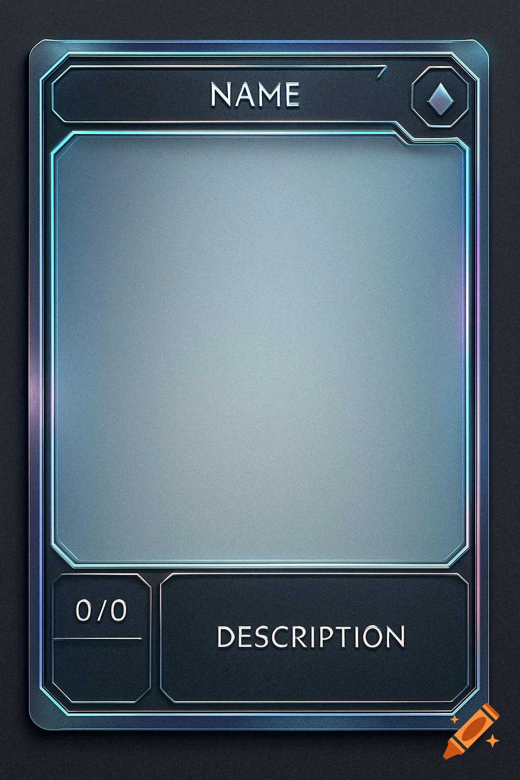 Sleek, modern trading card template with metallic lines, neon-edge highlights, and placeholders for name, stats (0/0), and description.