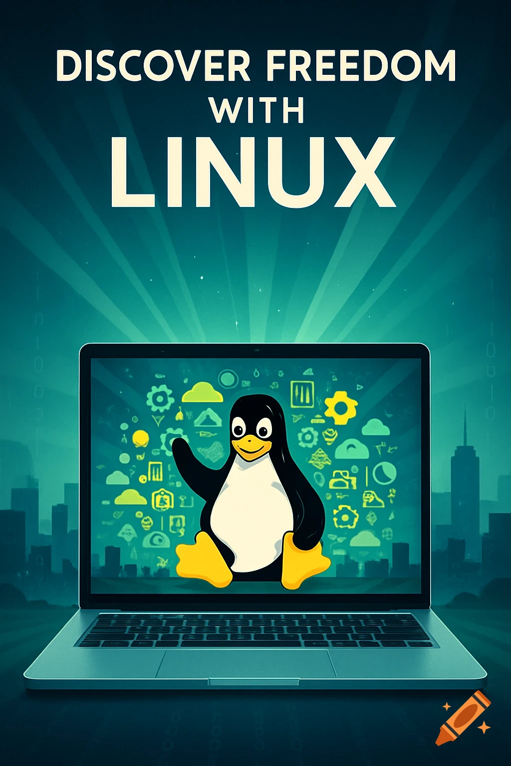 A poster showing a laptop with the Linux penguin (Tux) on its screen, promoting Linux with text 'Discover Freedom with Linux'.