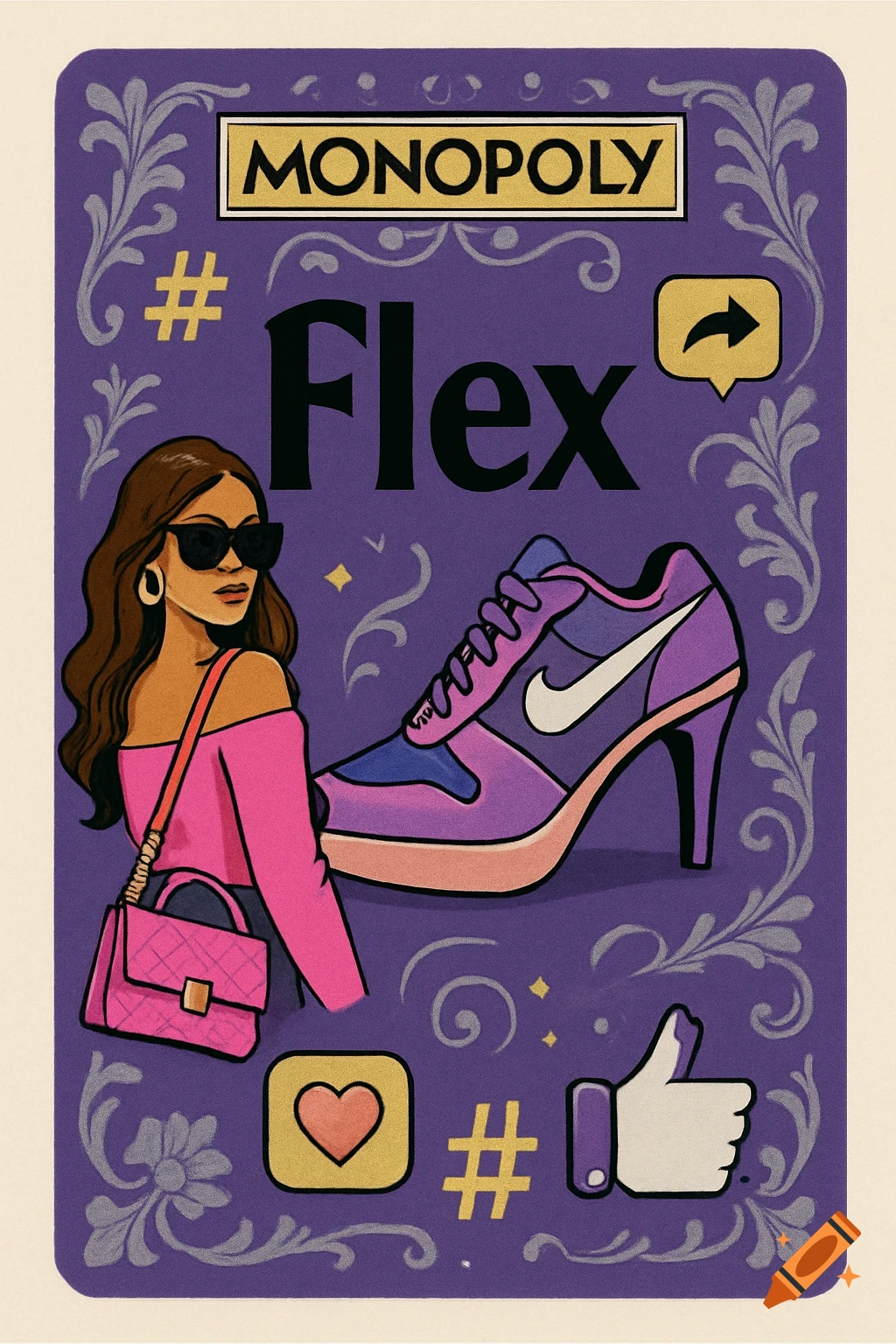 Stylized illustration of a woman in sunglasses and a pink off-shoulder top next to a purple sneaker-heel on a Monopoly card with 'MONOPOLY' and 'Flex' text.