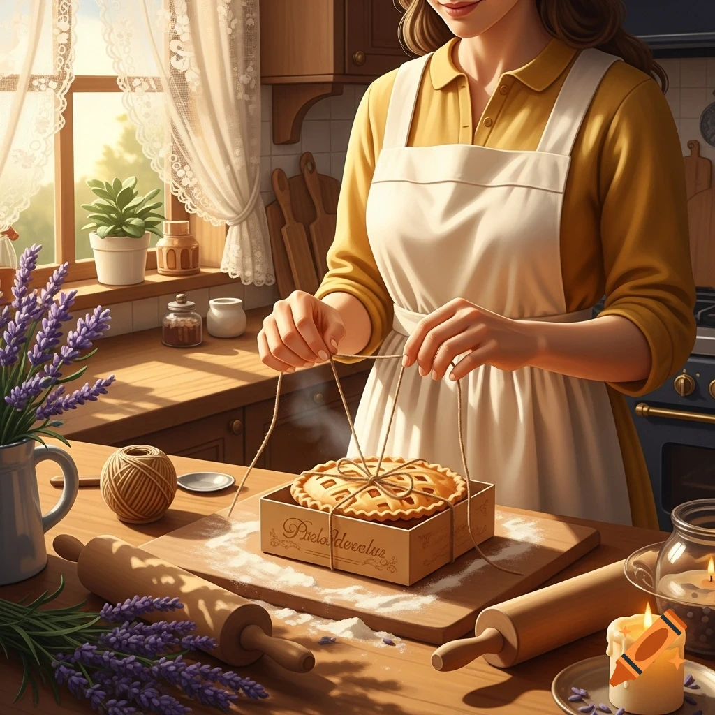 A woman in a sunny kitchen tying string around a box containing a pie, with baking tools and lavender on the counter.