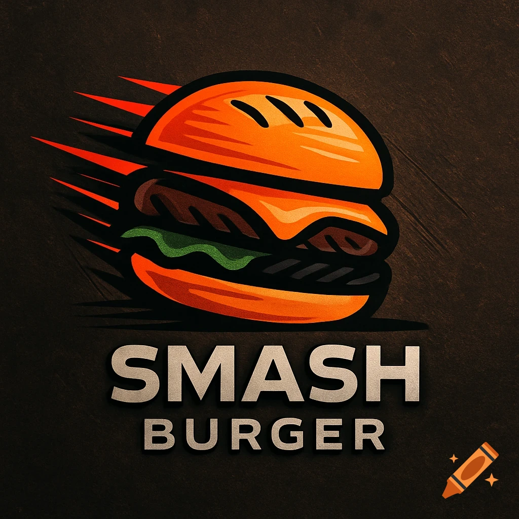 A stylized logo of a burger with orange buns and speed lines, with the text 'SMASH BURGER' below it, on a dark textured background.
