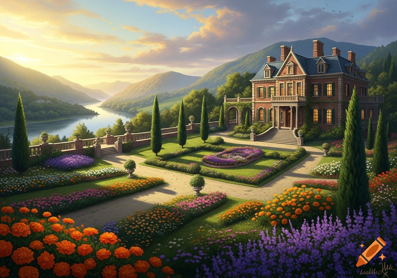 A grand mansion with manicured gardens and tall trees overlooks a serene river and mountains at sunset.