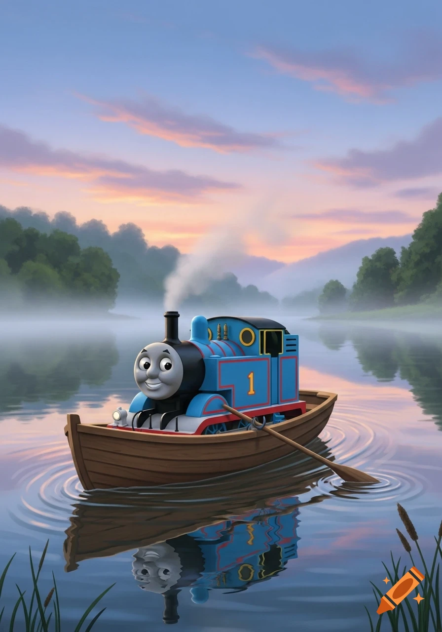 Thomas the Tank Engine smiling in a wooden rowboat on a misty lake at sunrise, with forest and hills in the background.