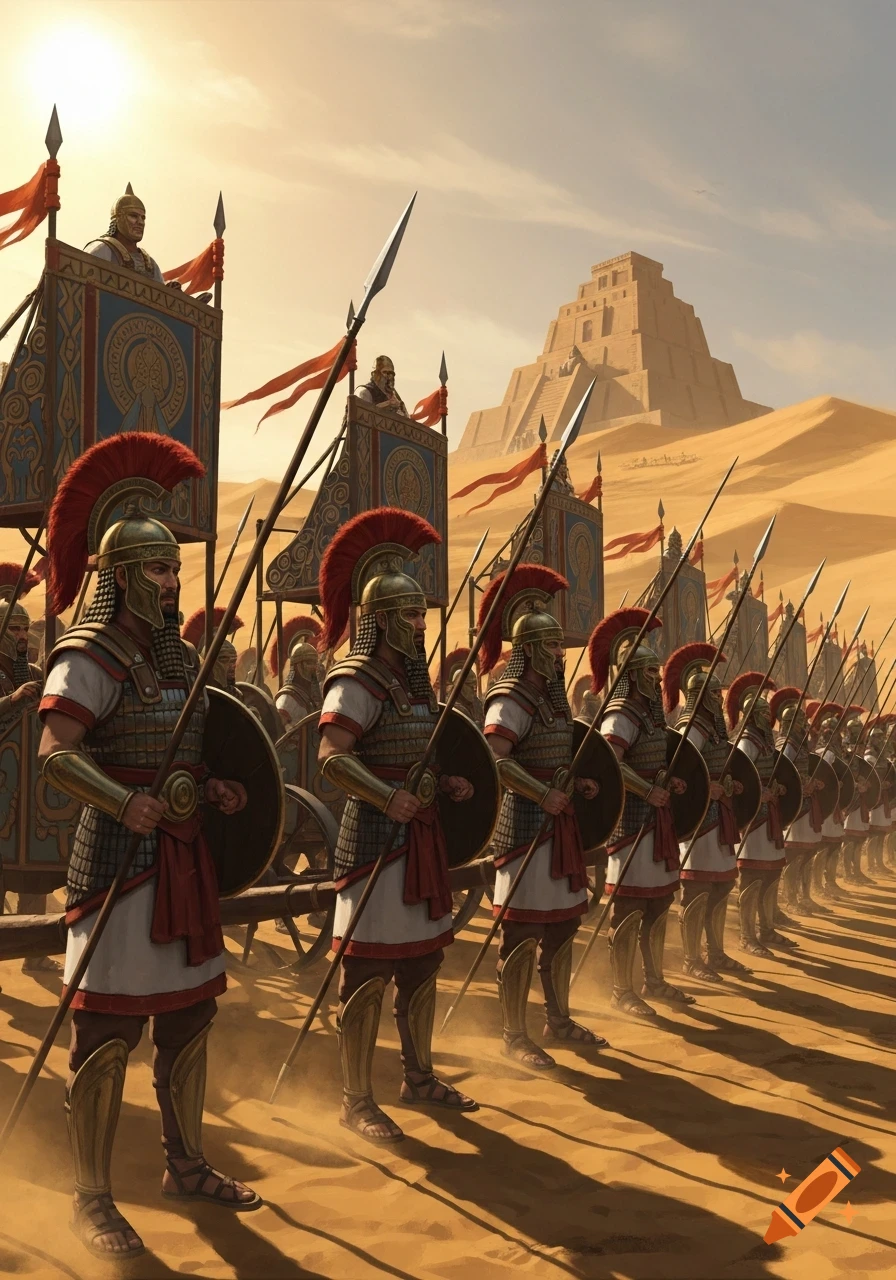 An ancient army with helmets and spears stands in formation in a desert, with a large ziggurat in the background under a bright sky.