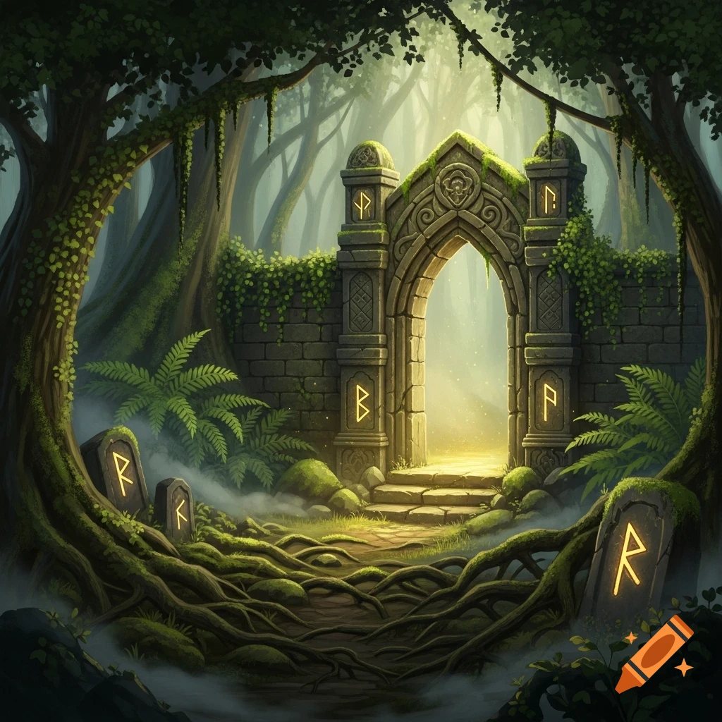 Mystical ancient stone gateway with glowing runes in a magical, overgrown forest with tangled roots, digital painting.