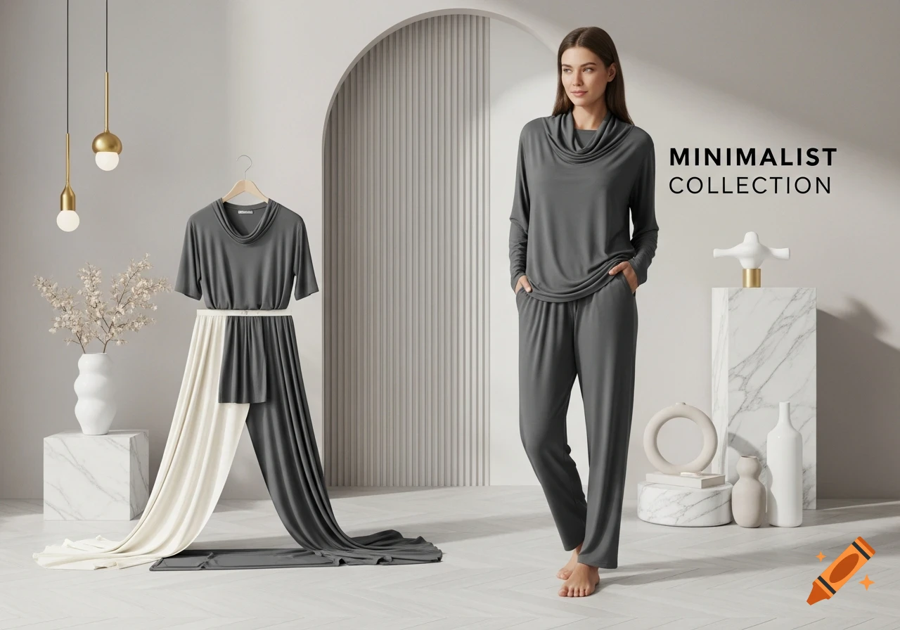 A woman in a grey loungewear set next to a displayed outfit in a minimalist room with 'MINIMALIST COLLECTION' text.