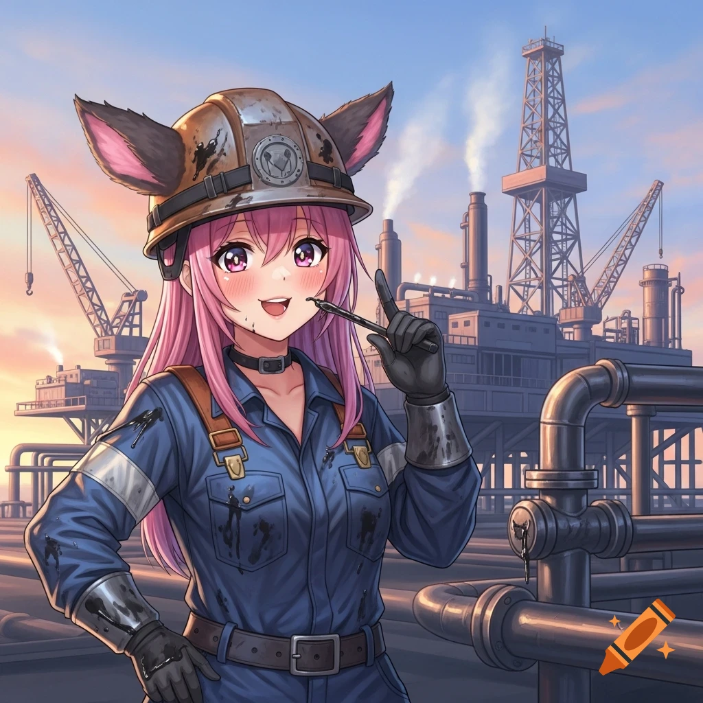 Anime girl with pink hair and cat ears, wearing a dirty uniform and hard hat, holding a tool at an oil rig.