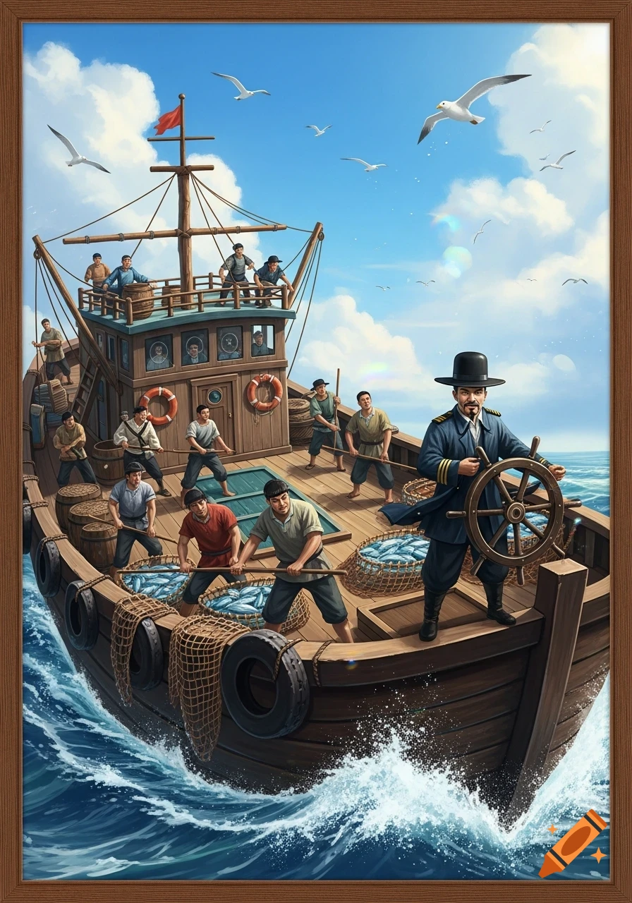 Detailed illustration of a fishing boat on choppy waters with a captain, sailors, and nets full of fish. Seagulls fly overhead.