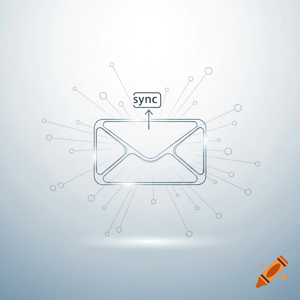 A minimalist line art icon of an email envelope with an arrow pointing up to a 'sync' speech bubble above it.