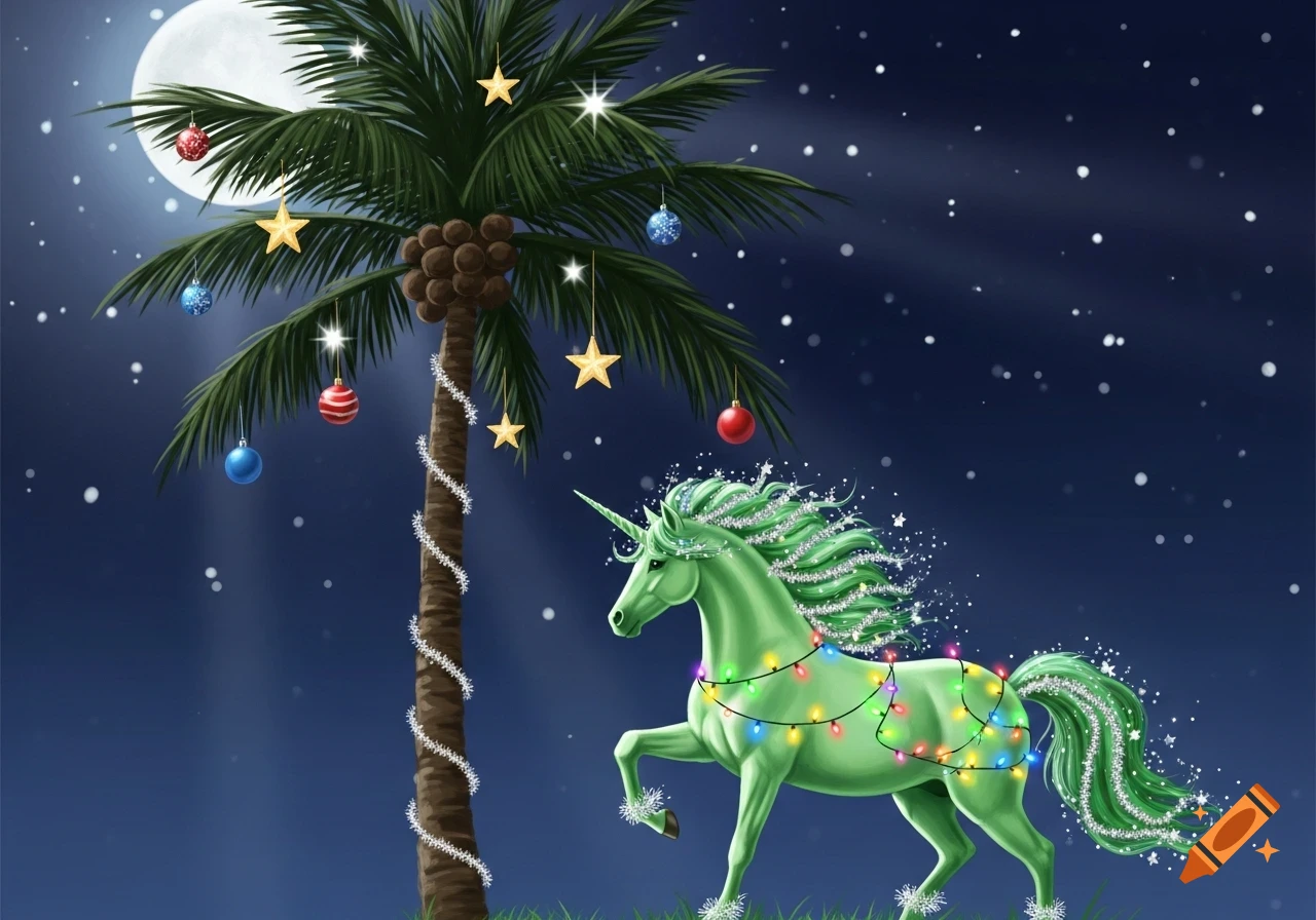 A green unicorn with Christmas lights stands under a decorated palm tree, with a full moon and falling snow in the night sky. Illustrated.