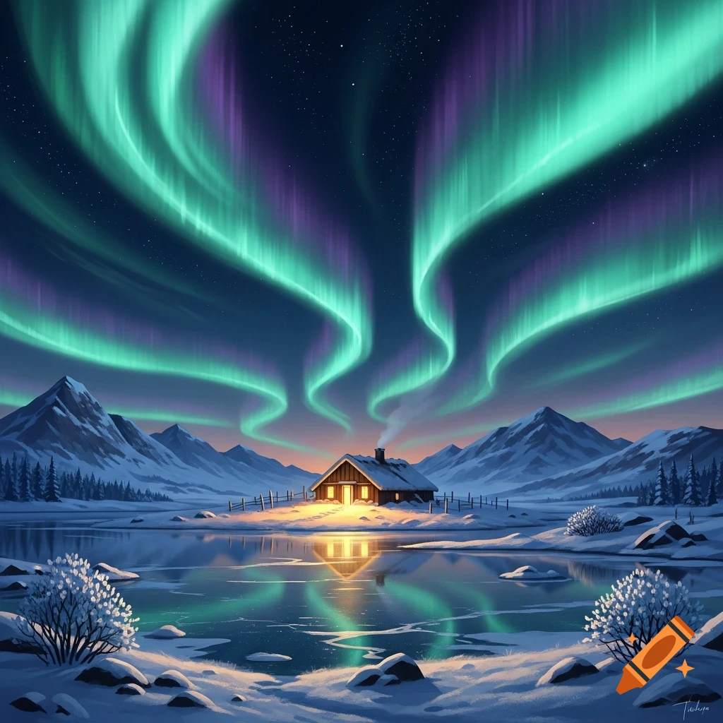 A vibrant green and purple aurora borealis illuminates a snowy winter landscape with a cozy cabin beside a partially frozen lake and mountains.