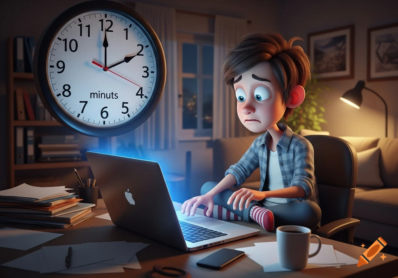 A stressed cartoon boy looks anxiously at a laptop, with a large clock showing "minuts" floating above his desk in a dimly lit home office.